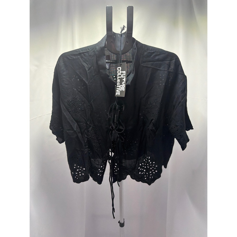 Future Collective Jeneee Naylor Black Eyelet Lace Up Top XXL NWT Scalloped Hem
